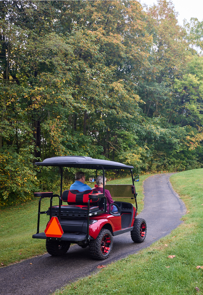 Seniors driving golf cart