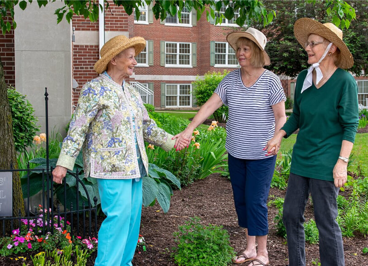 Three senior women out gardening