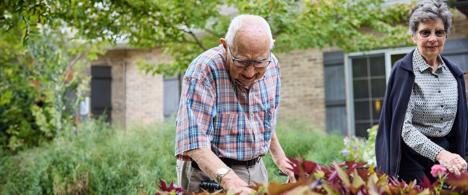 Seniors looking gardening around fall leaves