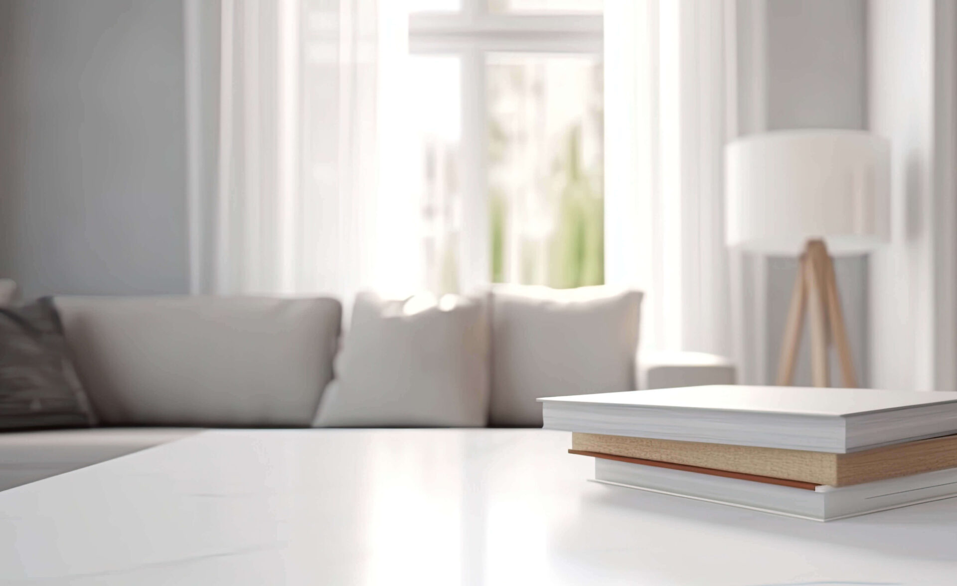 Modern living area with couch, books on table, lamp, and large windows.