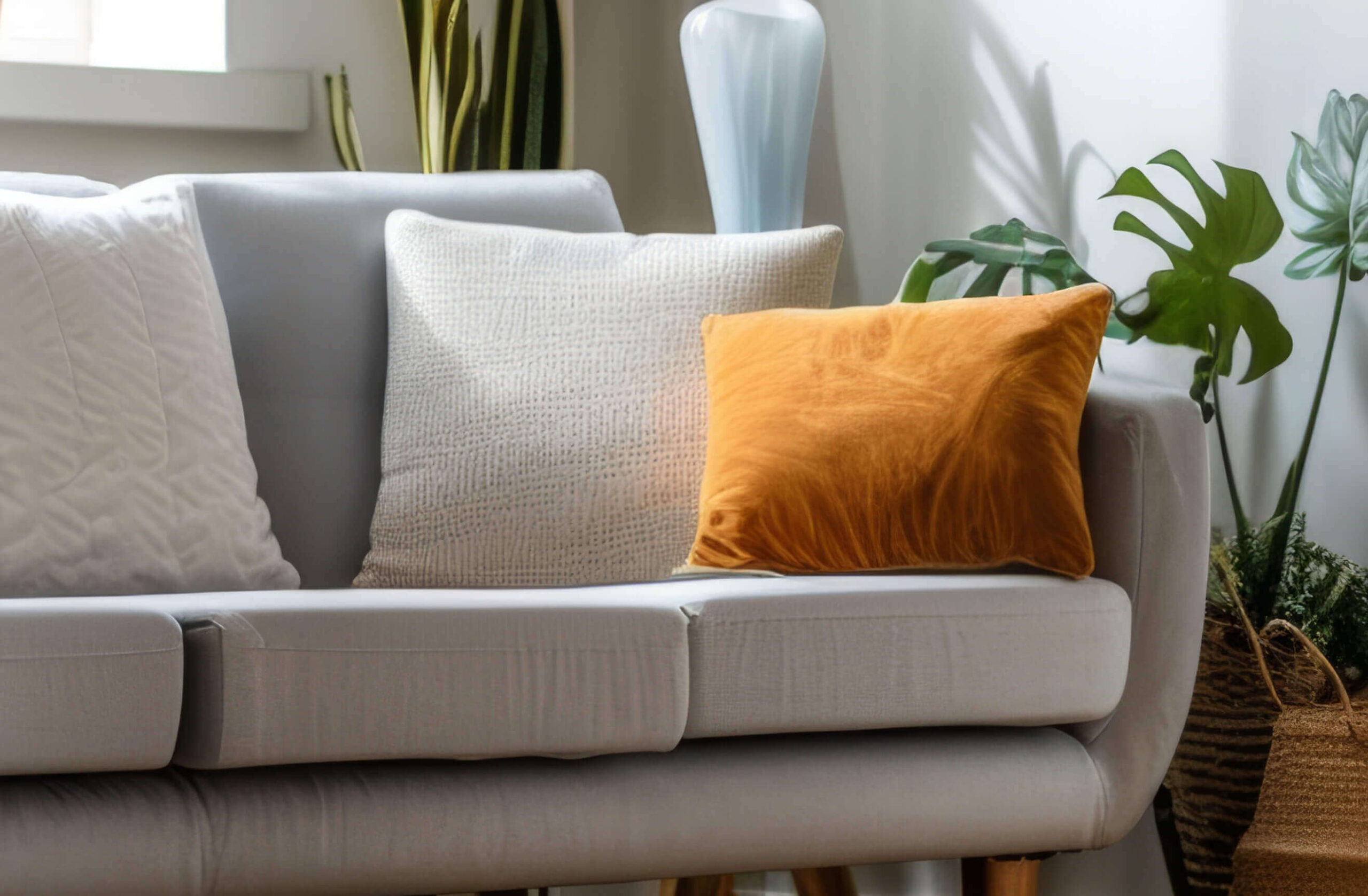 Modern sofa with orange and white pillows in bright living room decor.