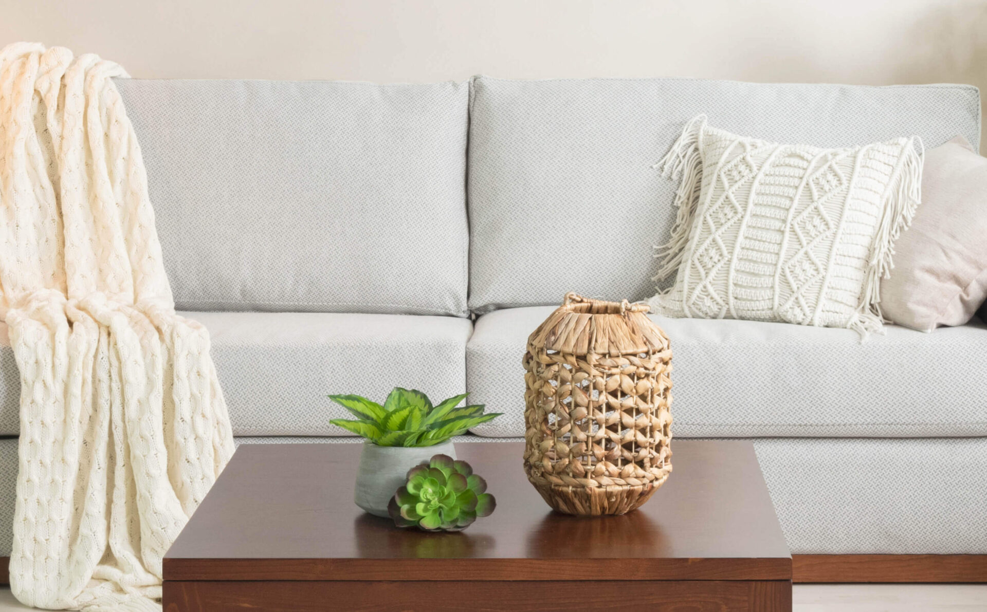 Cozy living room with gray sofa, white pillow, throw, plants, and wicker decor on table.