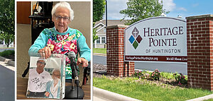 Heritage Pointe of Huntington Resident Carolyn and signed photo of James Garner