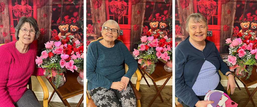 Three residents and their valentines bouquet
