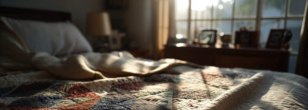 Quilted bed in a bright bedroom with a large window