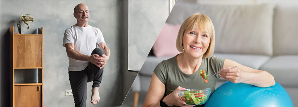 Senior woman enjoying a salad and man stretching collage