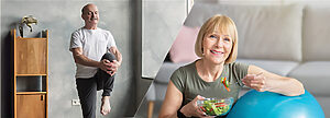 Senior woman enjoying a salad and man stretching collage
