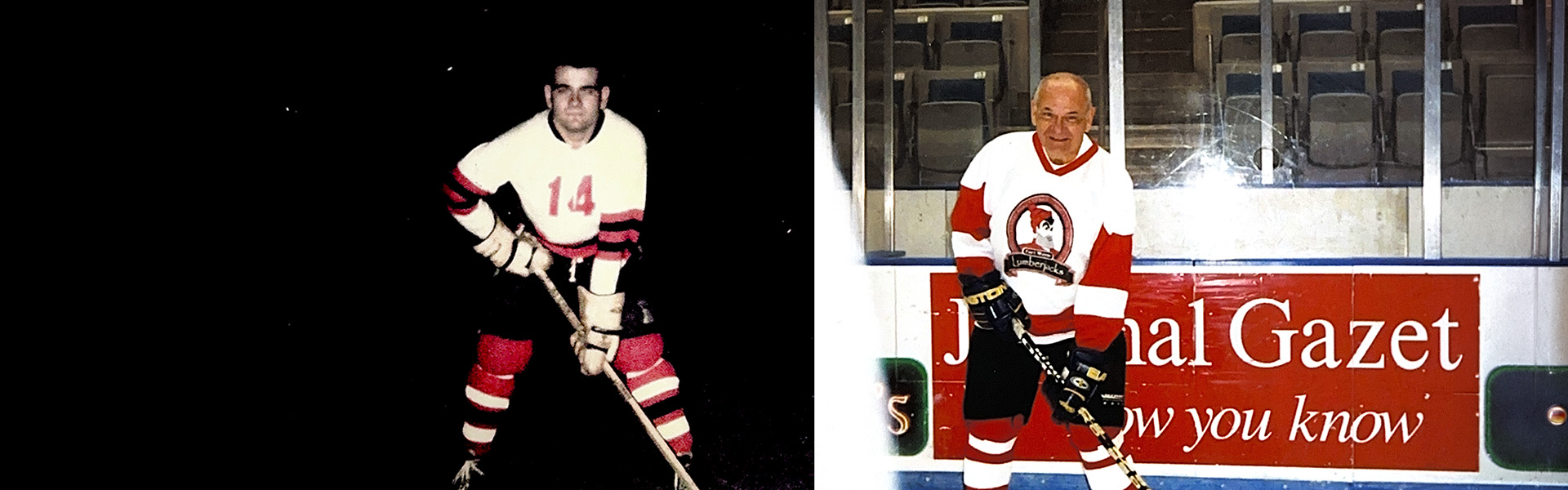Side by side of Jim Hunnicutt in hockey uniform as a high school student and as middle aged adult