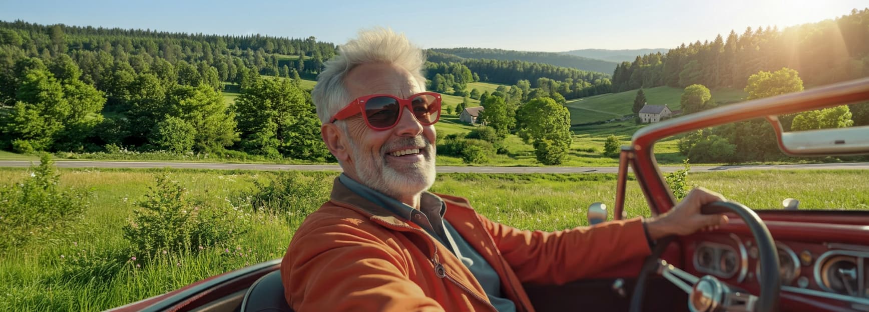 Senior man driving convertible down scenic country road