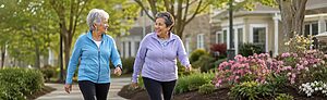 Two senior women taking a walk outdoors in a neighborhood
