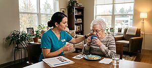nurse assisting senior woman in drinking from mug